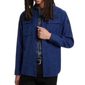 John Varvatos Men's Freddy Peace Sign Logo Patches Overshirt Linen Dusted Blue S